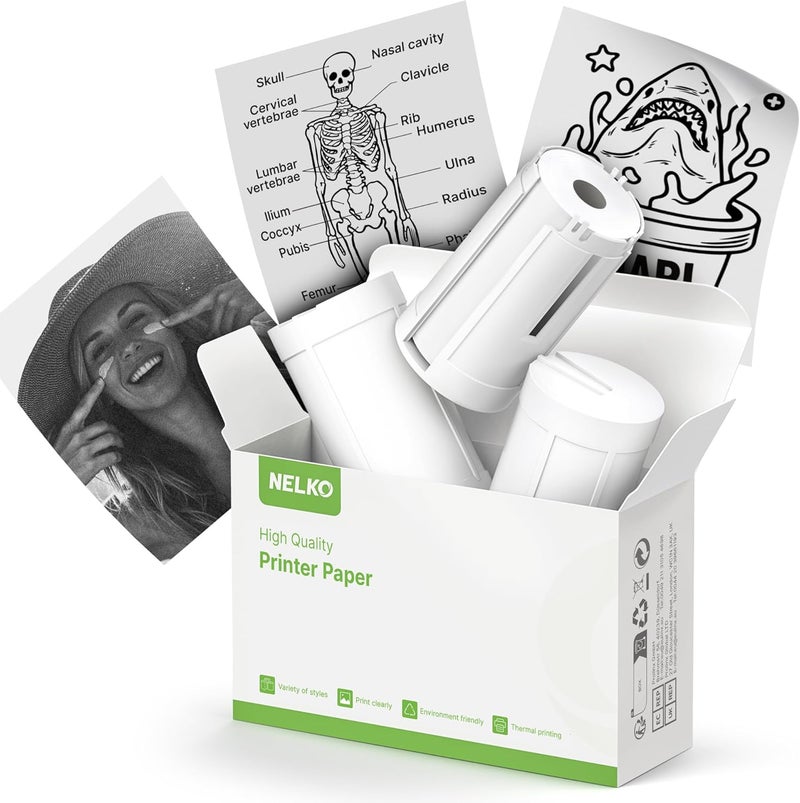 Nelko Genuine Self-Adhesive Thermal Printer Stickers, Compatible with PM230 Mini Sticker Printer, Black on White, 54mmx3.5m Sticker Paper for Journal, Study, Photos, Note, 3 Rolls, White - Image 1